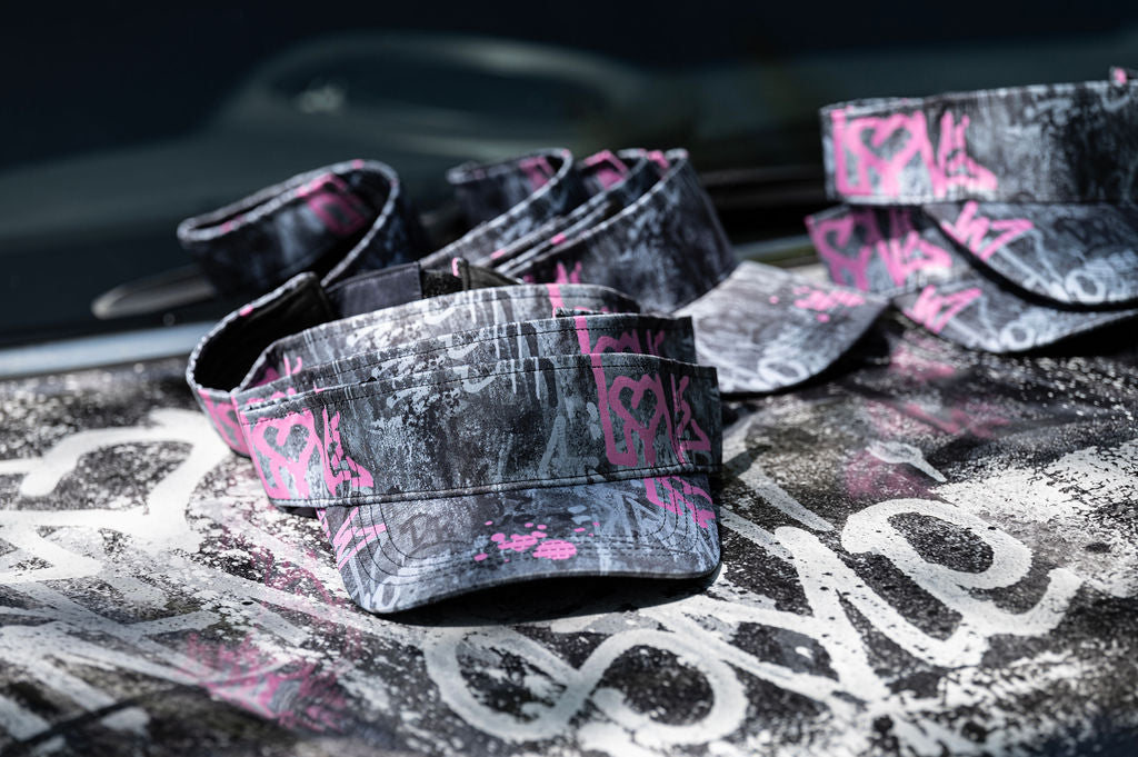 Modern Love Cap pink baseball cap with grey and black graffiti artwork- Pause Apparel SA